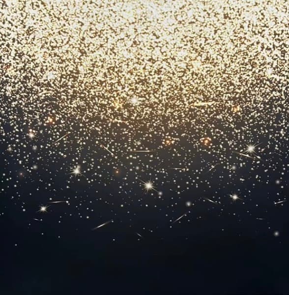 Black backdrop with cascading gold sparkle, dense shimmer at the top thinning toward the bottom
