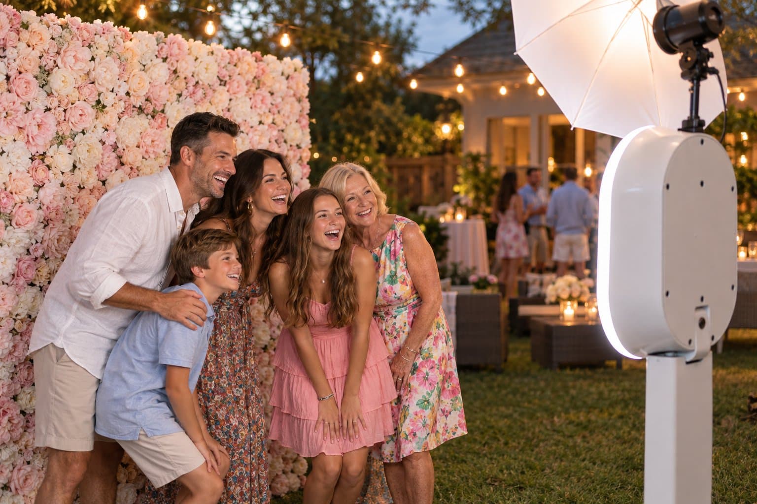 A family of five, grandmother to young boy, crowded in front of an open-air photo booth in a backyard at dusk, string lights overhead and a blush floral backdrop behind them