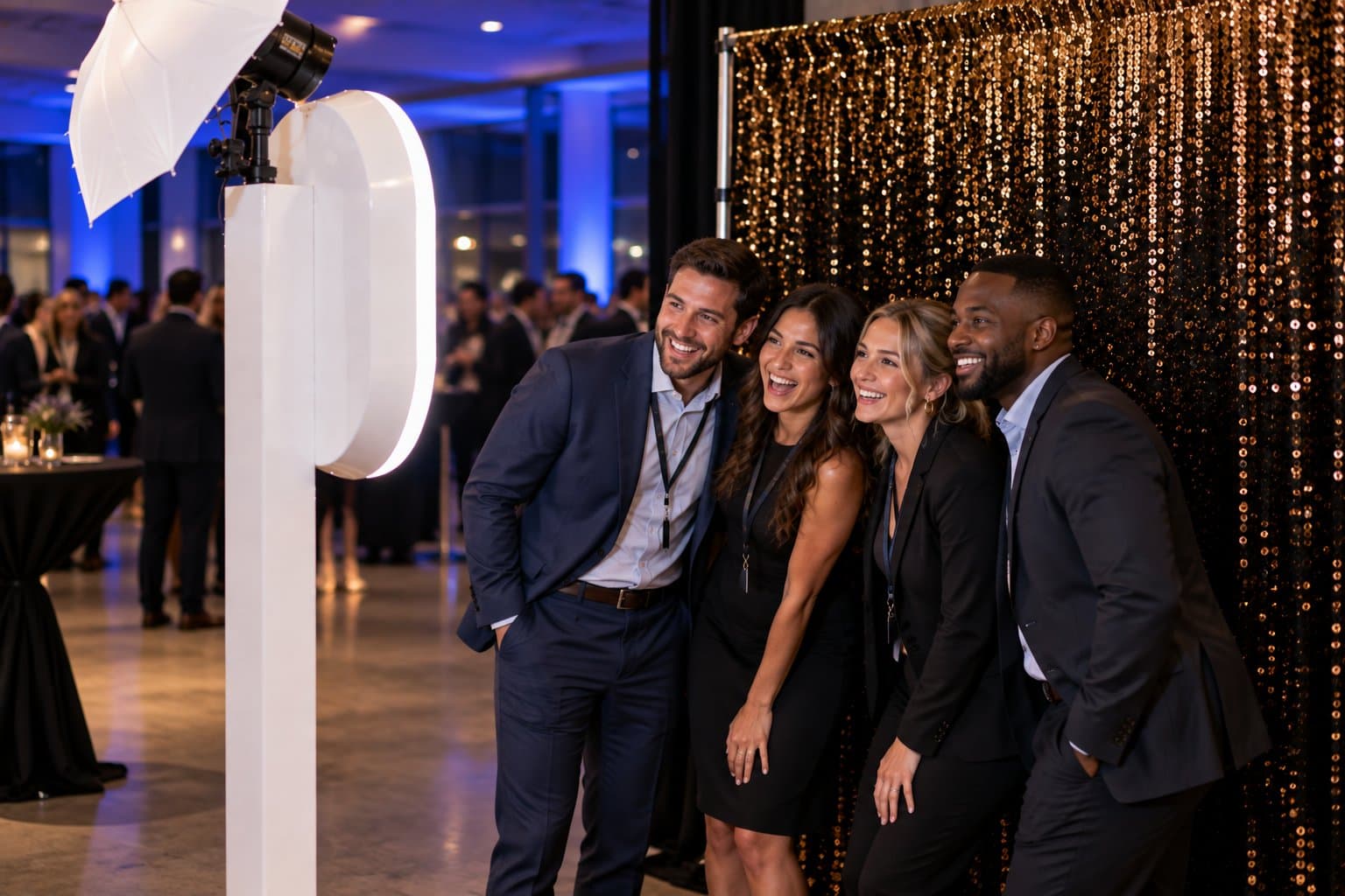 Four colleagues wearing lanyards smiling at an open-air photo booth in a blue-lit conference room, a black and gold sparkle backdrop behind them