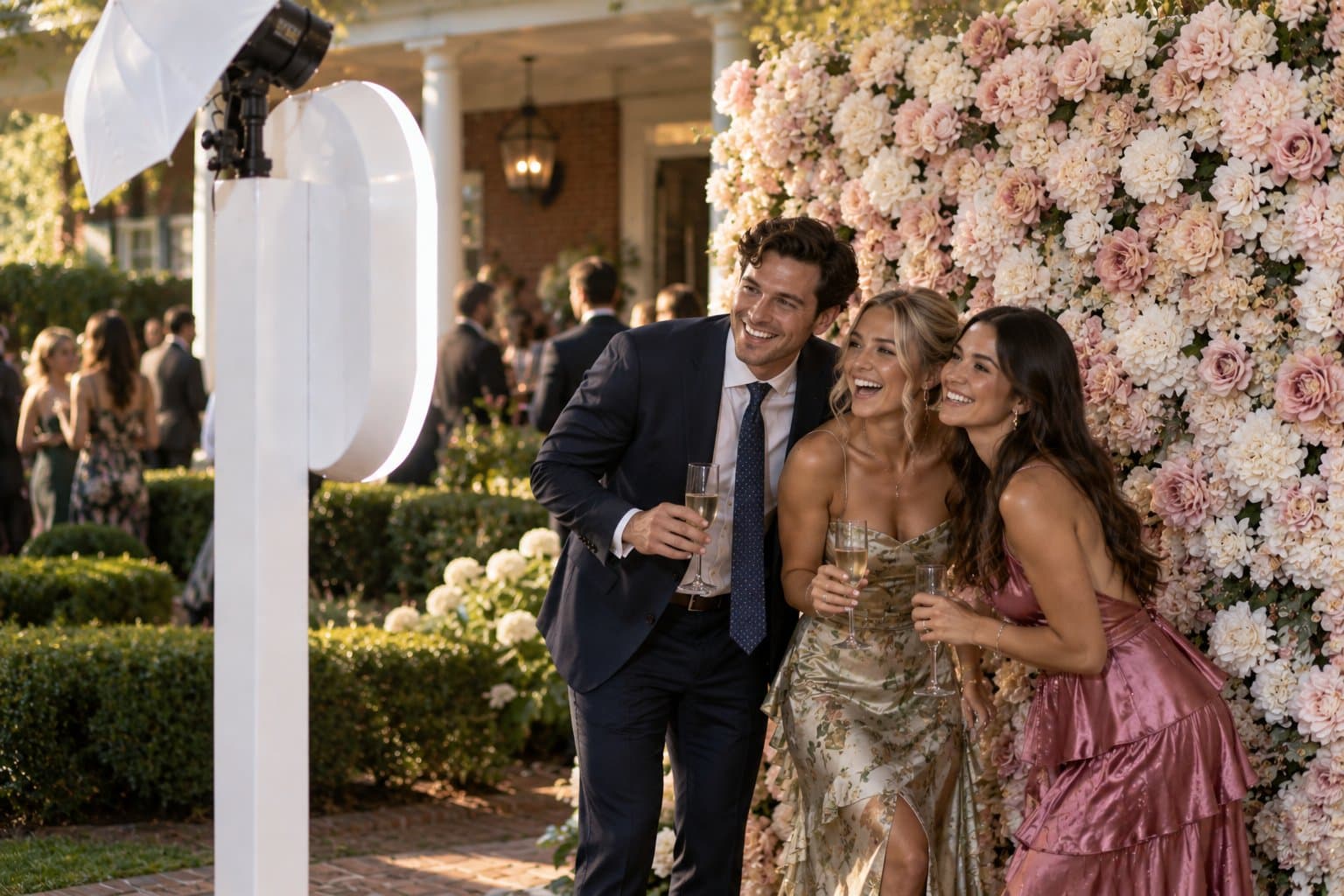 Three guests with champagne at an open-air photo booth on a garden lawn, boxwood hedges and a brick house behind them and a blush floral backdrop beside the booth