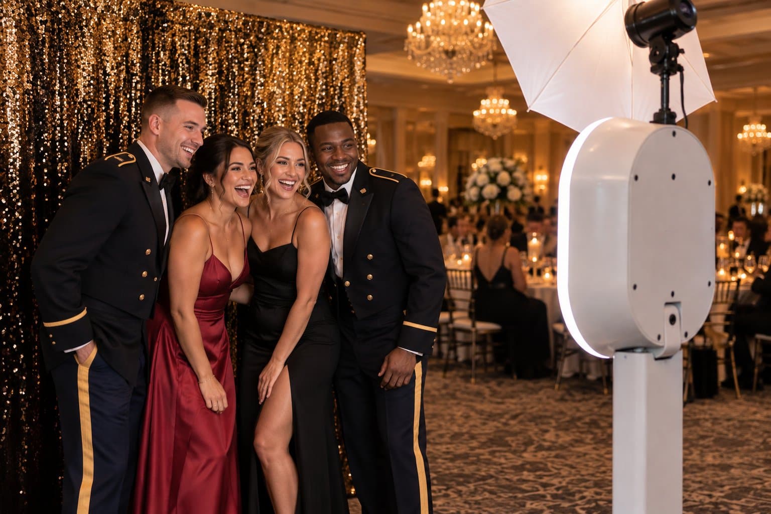 Two service members in dress uniform and two guests in evening gowns laughing at an open-air photo booth in a chandelier-lit ballroom, a black and gold sparkle backdrop behind them
