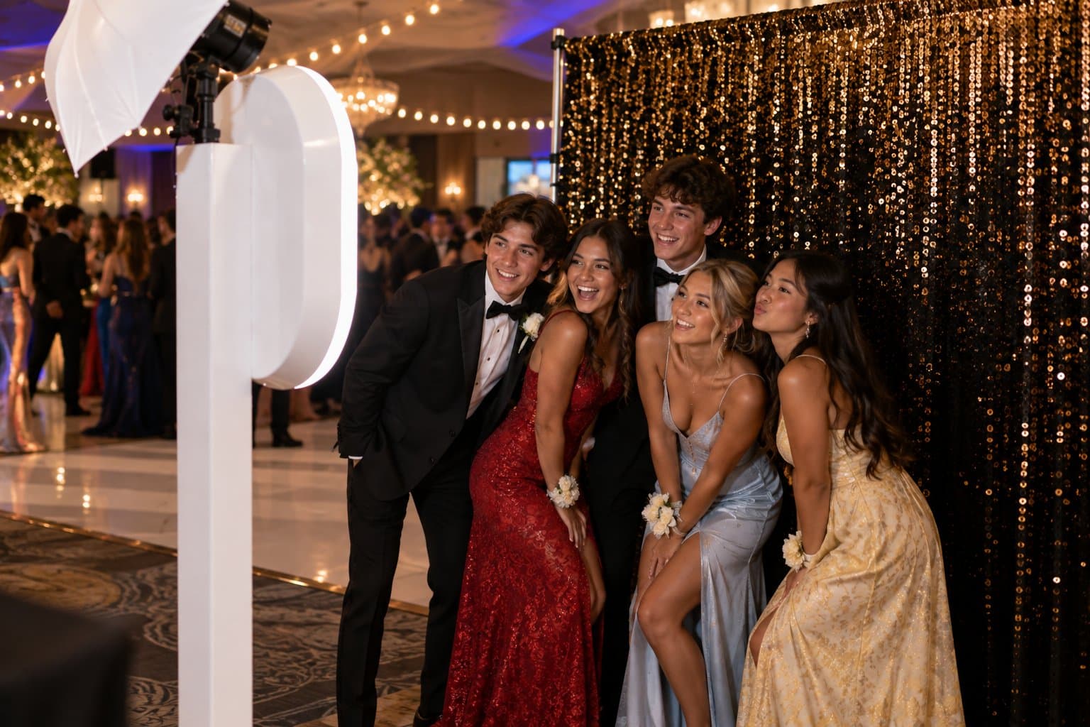 Five students in formalwear, gowns and tuxedos with corsages, posing at an open-air photo booth at a school dance, a black and gold sparkle backdrop behind them and string lights over the room