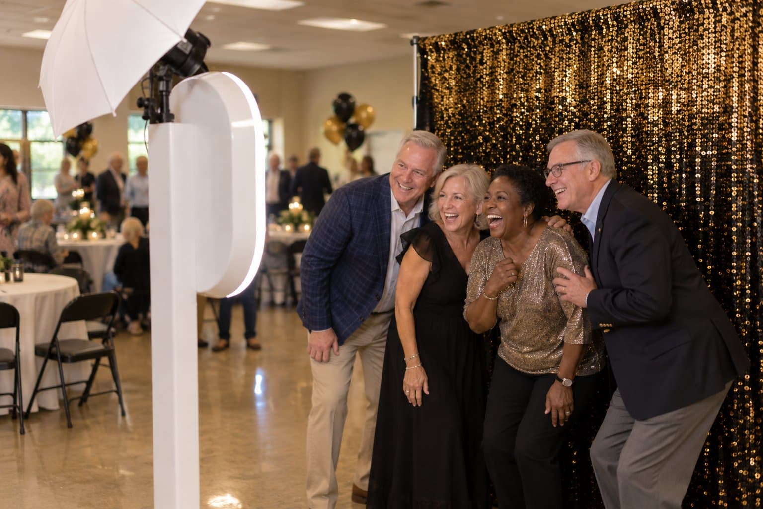 Four guests laughing at an open-air photo booth in a community hall decorated with black and gold balloons, a black and gold sparkle backdrop behind them