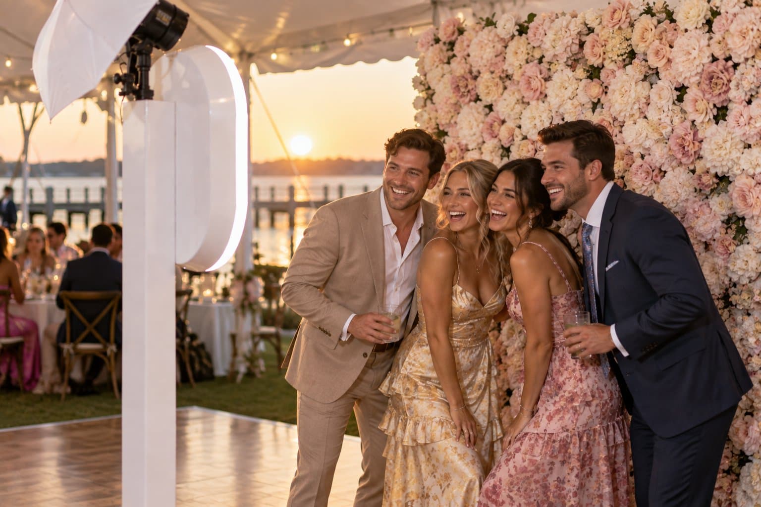 Four guests with champagne posing for an open-air photo booth under a white tent at sunset, water and a pier behind them and a blush floral backdrop beside the booth