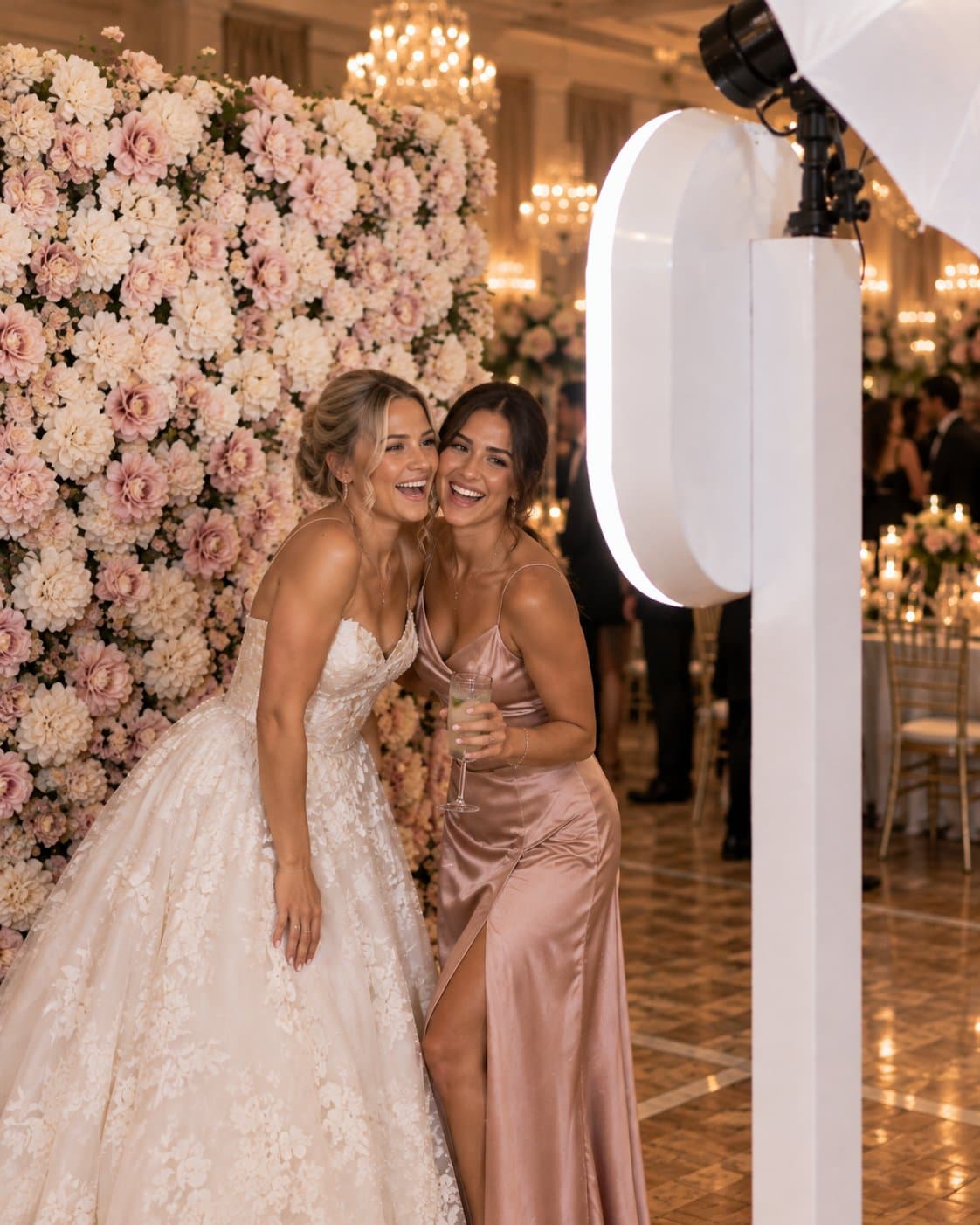 A bride and a bridesmaid leaning together and laughing in front of a blush floral backdrop at an open-air photo booth, chandeliers and candlelit reception tables behind them