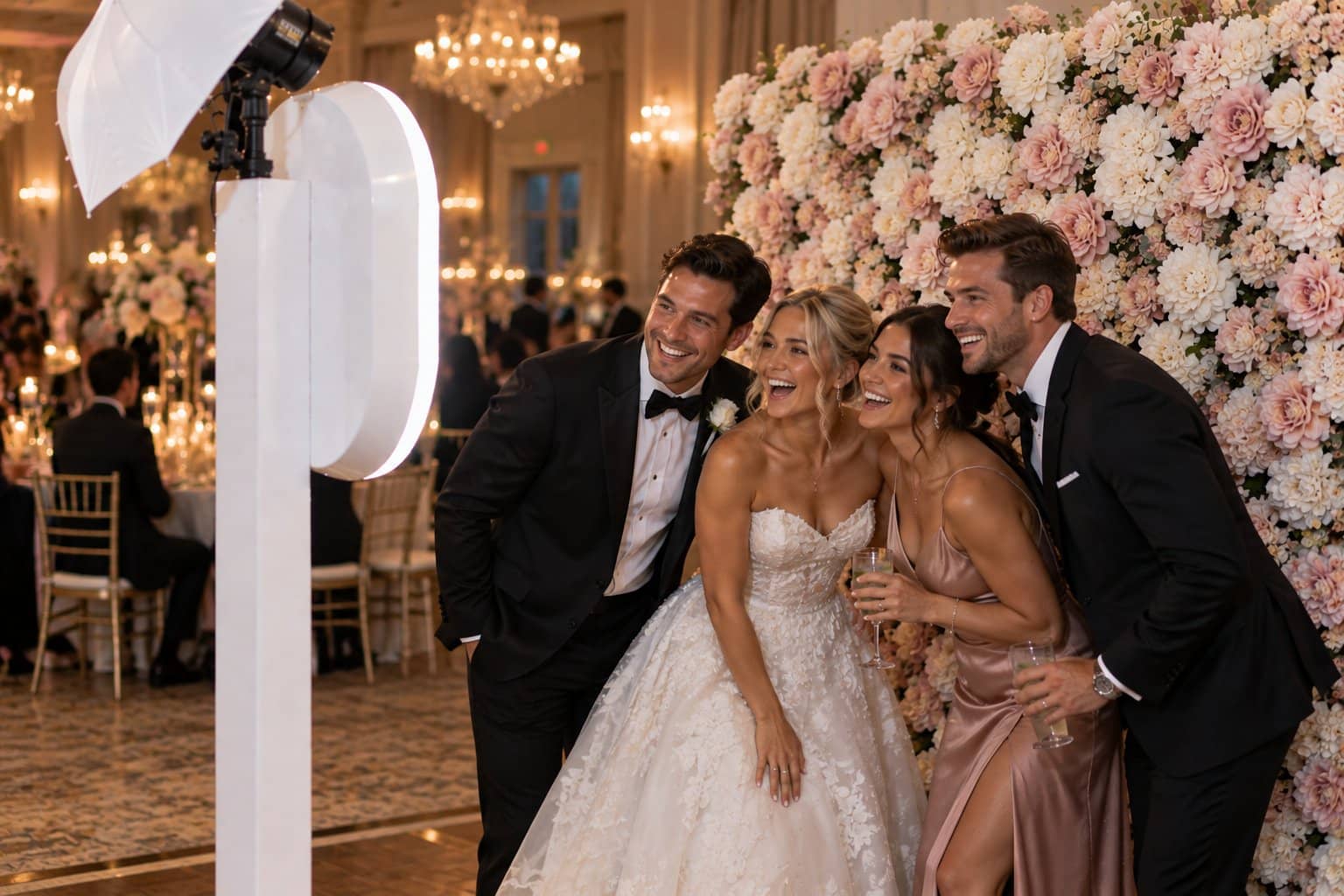A bride, groom and two members of the wedding party laughing in front of an open-air photo booth with a studio flash umbrella, a blush floral backdrop behind them in a candlelit ballroom